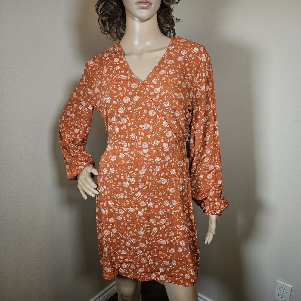 ana A New Approach Floral Wrap Mini Dress Rust Orange Long Sleeve Womens XS NWT